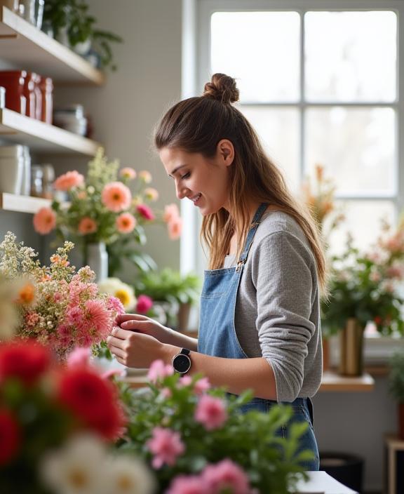 The founder of Bloom & Petal Co. arranging flowers in her light-filled Fitzroy studio.