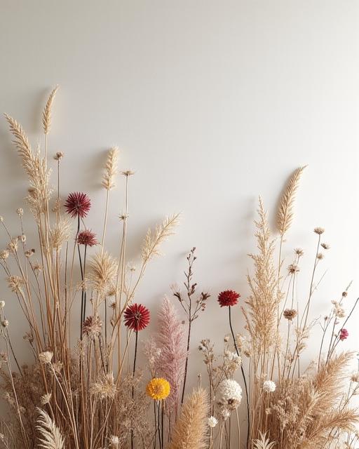 A feature wall adorned with an installation of dried flowers and grasses.