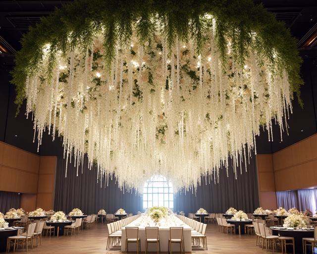 A large scale floral installation hanging from a ceiling at an event.