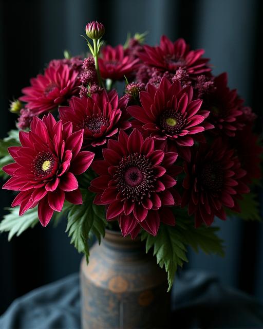 A dark and moody floral arrangement with deep red dahlias.