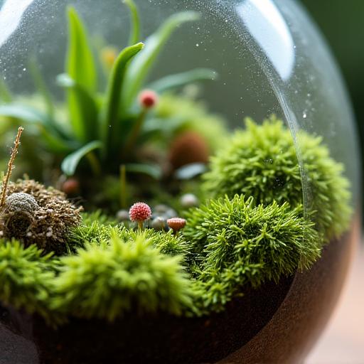 A close-up shot of a beautifully crafted terrarium with moss and ferns.