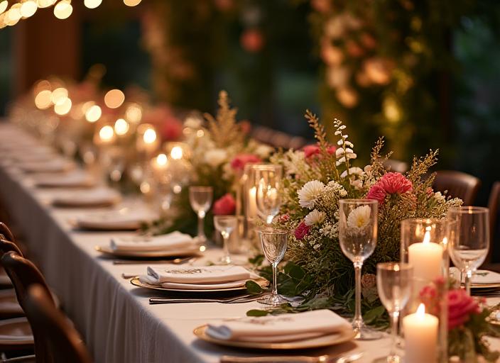 A beautifully decorated wedding tablescape with long floral runners.