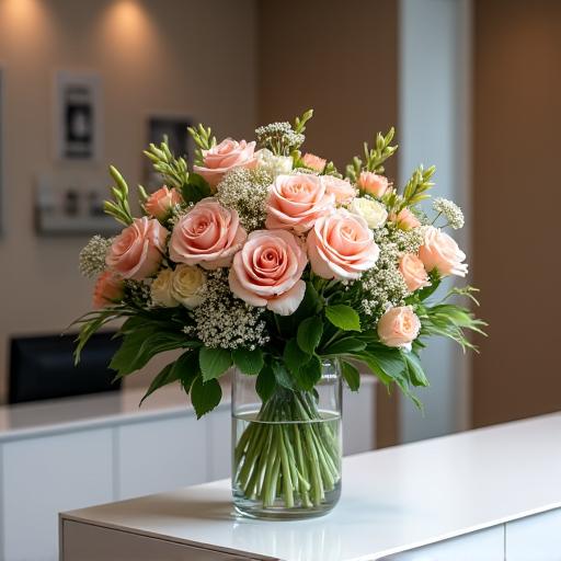 An elegant floral arrangement on a corporate reception desk.
