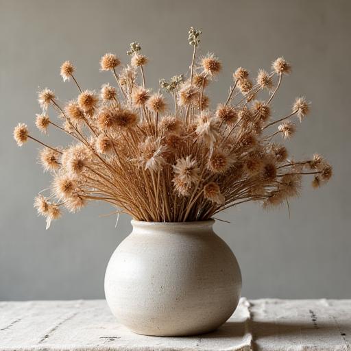 A modern dried floral arrangement in a ceramic vase.