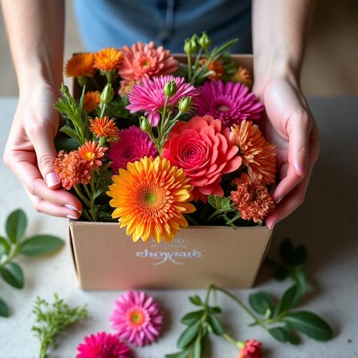 A person unboxing a floral subscription box with fresh stems.