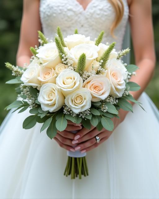 A bride holding a stunning, cascading wedding bouquet.