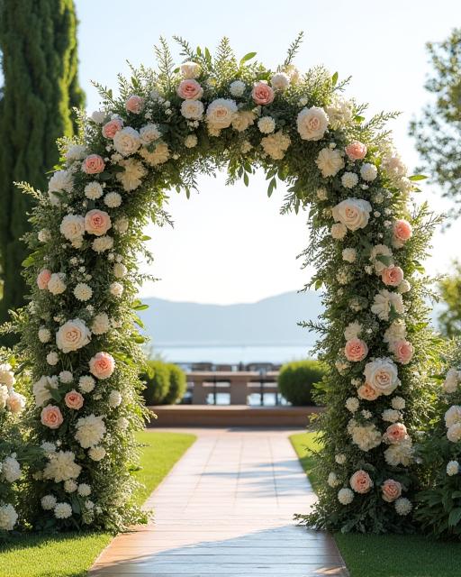 A beautiful floral arch set up for a wedding ceremony.