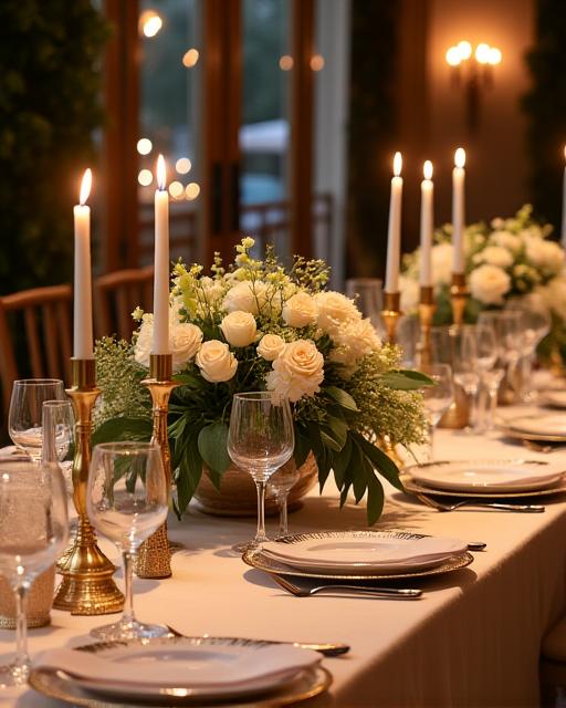 An elegant floral centerpiece on a wedding reception table.
