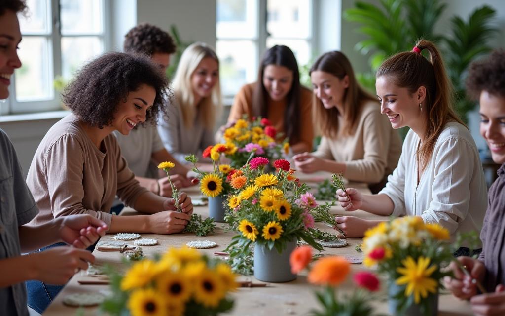 A group of people happily participating in a floral design workshop.